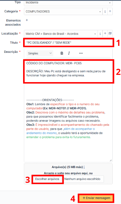 Campos de Título, Descrição e área para anexar arquivos.