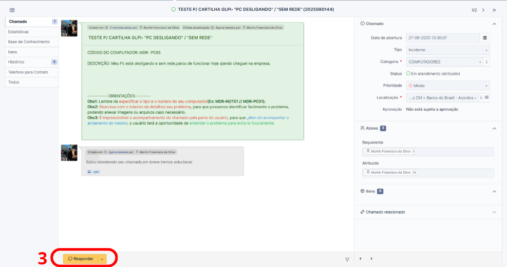 Tela de Chamados mostrando a lista de chamados e o botão Responder em um chamado específico.